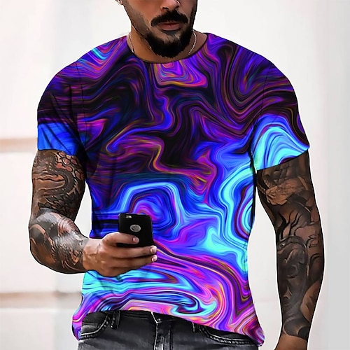 Colorful Mens 3D Shirt Casual | Purple Summer Cotton | Men'S Tee Graphic Round Neck Blue 3D Print Daily Short Sleeve Clothing Apparel Fashion Cool Designer Comfortable