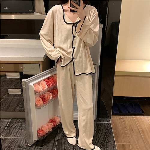 

Women's Pajamas Sets Nighty Pjs 2 Pieces Pure Color Fashion Comfort Sweet Home Daily Bed Polyester Breathable Gift Lapel Long Sleeve Shirt Pant Button Elastic Waist Spring Summer Blue Pink / Buckle