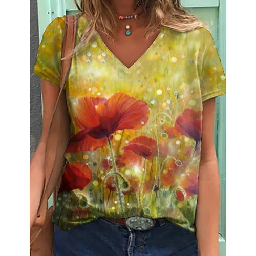 

Women's T shirt Tee Yellow Floral Print Short Sleeve Casual Holiday Basic V Neck Regular Floral Abstract Painting S
