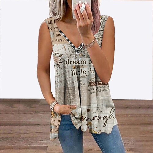 

Women's Tank Top Vest Blue Purple Brown Plaid Letter Flowing tunic Quarter Zip Sleeveless Daily Weekend Casual V Neck Regular Geometric S / 3D Print / Print