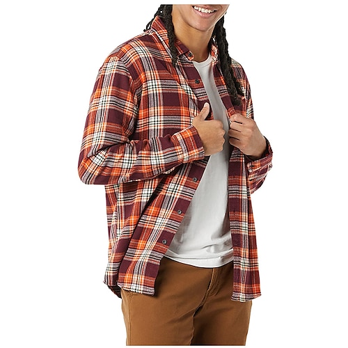 

Camisa de hombre con estampado de cuadros a cuadros, tops de manga larga con estampado diario de botones en la calle, moda informal, transpirable, cómoda, gris, naranja y marrón