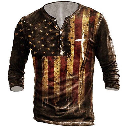 

Men's Henley Shirt Tee T shirt 3D Print Graphic American Flag Plus Size Henley Street Casual Button-Down Print Long Sleeve Tops Cotton Basic Casual Classic Big and Tall Yellow