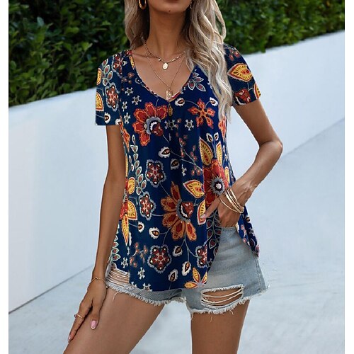 

Women's T shirt Tee Green Blue Brown Floral Flowing tunic Print Short Sleeve Casual Holiday Basic V Neck Regular Floral Painting S / 3D Print