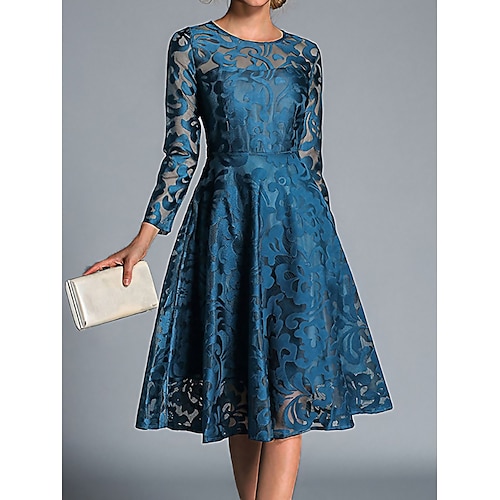 

Women's Party Dress Lace Dress Swing Dress Midi Dress Wine Red Black Blue Long Sleeve Pure Color Lace Winter Fall Spring Crew Neck Elegant Party Winter Dress Wedding Guest 2023 S M L XL 2XL 3XL