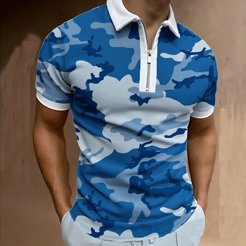 

Men's Collar Polo Shirt Golf Shirt Quarter Zip Polo Camouflage Camo / Camouflage Classic Collar Blue Army Green Gray Other Prints Street Casual Short Sleeve Patchwork Zipper Clothing Apparel Fashion