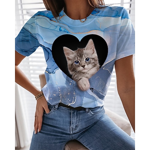 

Women's 3D Cat Painting T shirt Cat Heart 3D Print Round Neck Basic Tops Blue