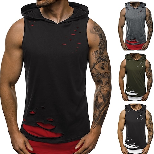 

Men's T shirt Tee Undershirt Solid Color Hooded Black / Red Black / White Army Green Gray Casual Daily Sleeveless Patchwork Cut Out Clothing Apparel Cotton Sports Fashion Lightweight Big and Tall