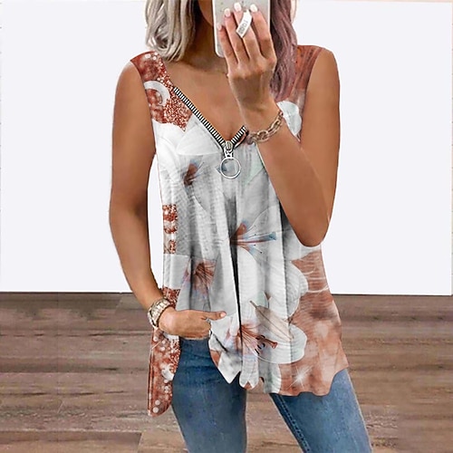 

Women's Tank Top Vest Green Blue Red Floral Flowing tunic Quarter Zip Sleeveless Holiday Weekend Casual V Neck Regular Floral S / 3D Print / Print