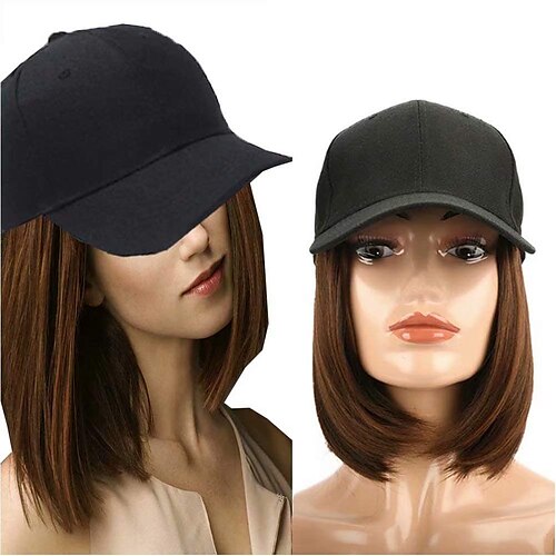 

light brown short straight bob wig with hat 9"" short synthetic hair extensions with attached adjustable black baseball cap for women