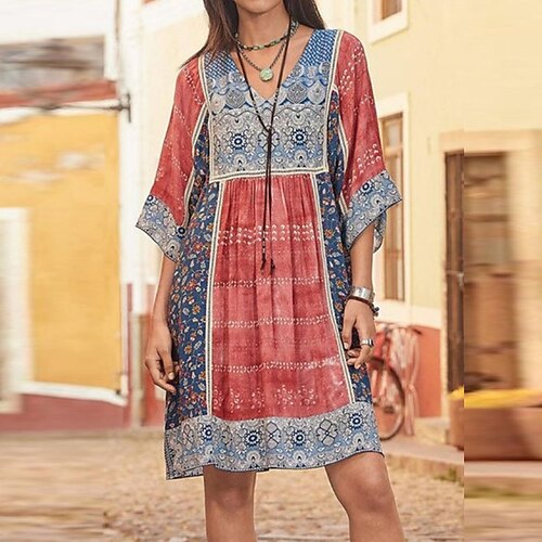 

Women's Casual Dress Swing Dress Boho Dress Mini Dress Purple Khaki Dark Blue Half Sleeve Floral Ruched Fall Spring Autumn V Neck Weekend Loose Fit 2022 S M L XL XXL 3XL