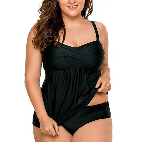 

Women's Swimwear Tankini 2 Piece Plus Size Swimsuit Open Back for Big Busts Pure Color Black Blue Camisole Strap Bathing Suits New Vacation Fashion / Modern / Padded Bras