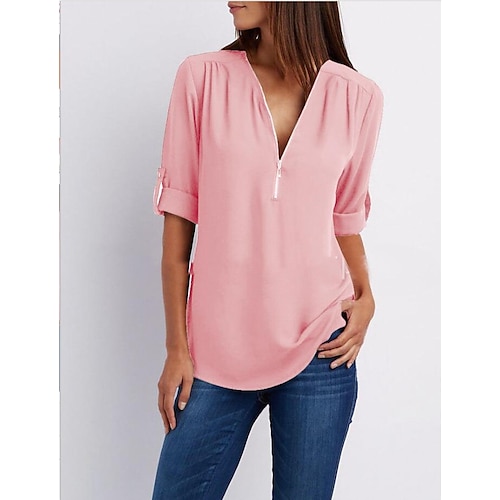 dame bluse skjorte lynlås basic almindelig daglig v-hals t-shirt ærme almindelig sommer hvid sort pink grå mørkeblå от Lightinthebox WW