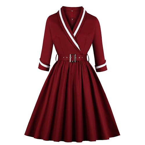 

damen swing kleid vintage kleid midi kleid wein marineblau 3/4 ärmel reine farbe patchwork winter herbst herbst v-ausschnitt modern 2023 stil s m l xl xxl 3xl 4xl