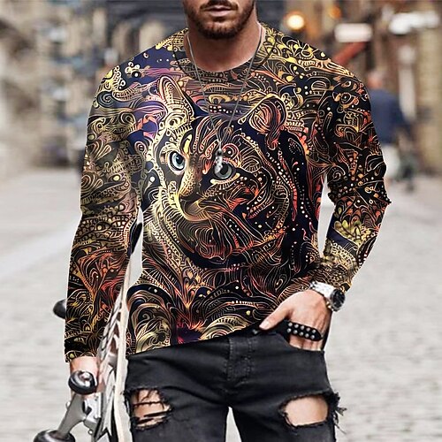 

Men's T shirt Tee Animal Cat Crew Neck Yellow 3D Print Outdoor Street Long Sleeve Print Clothing Apparel Sports Fashion Sportswear Casual / Summer / Spring / Summer
