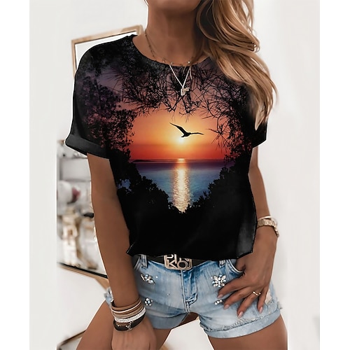 

Women's T shirt Tee Black Scenery 3D Print Short Sleeve Casual Holiday Basic Round Neck Regular Abstract 3D Printed Painting S