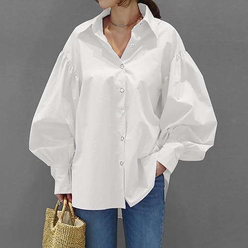 

Women's Blouse Shirt Blue Yellow White Plain Button Long Sleeve Daily Weekend Casual Shirt Collar Regular Cotton Loose Fit Lantern Sleeve S