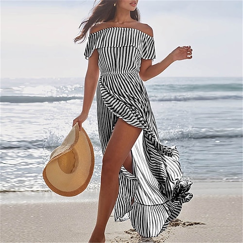 

Women's Swing Dress Black Light Blue Short Sleeve Striped Split Spring Summer Off Shoulder Weekend Loose Fit 2022 S M L XL