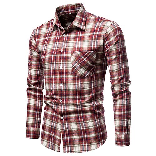 

Chemise homme autres imprimés treillis rabattable décontracté quotidien boutonné à manches longues hauts décontracté mode poche rouge chemises d'été