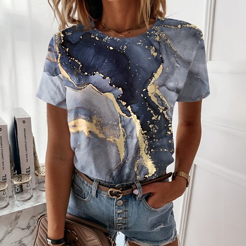 

Women's T shirt Tee Green Purple Navy Blue Graphic Geometric Print Short Sleeve Casual Weekend Basic Round Neck Regular Abstract Painting S / 3D Print