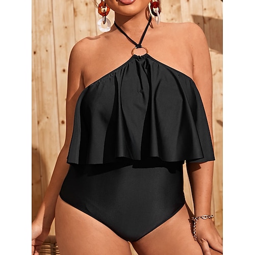 

Women's Swimwear One Piece Monokini Bathing Suits Plus Size Swimsuit Modest Swimwear Tummy Control Ruffle Open Back for Big Busts Pure Color Black Halter Padded Bathing Suits New Casual Vacation