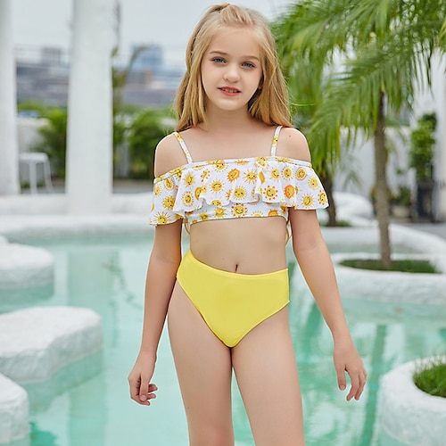 

Maillot de Bain Enfants Fille Deux Pièces Extérieur Floral Actif A Volants Maillots de bain 5-12 ans Printemps Jaune