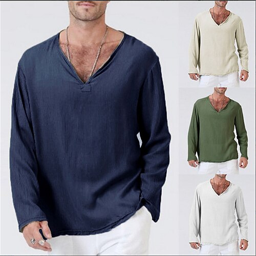 

Men's Shirt Solid Color V Neck Casual Daily Long Sleeve Tops Lightweight Fashion Muscle Big and Tall Green White Black / Summer