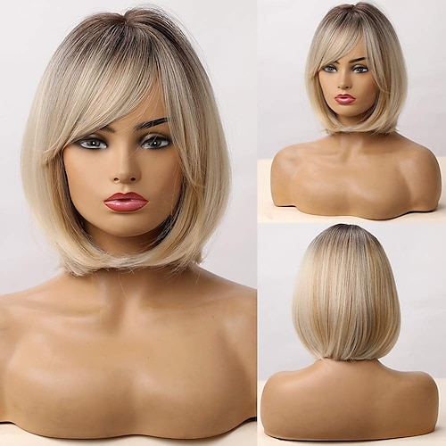 

Blonde Bob Wig Haircube Natural Short Bob Straight Wigs for Women Omber Brown Wigs with Bangs Heat Resistant Fiber Daily Use