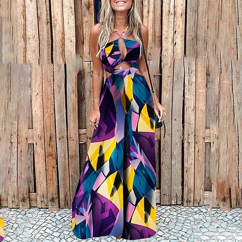 

Mujer Mono Cortado Estampado Floral Cuello halter Ropa de calle Diario Vacaciones Perneras anchas Holgado Sin Mangas Verde Trébol Azul Piscina Amarillo S M L Primavera