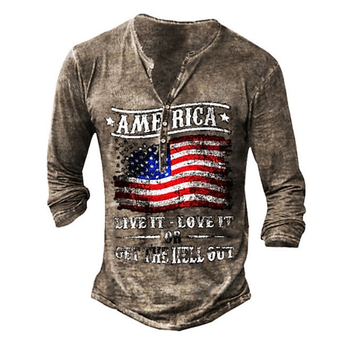 

Men's T shirt Tee Henley Shirt Tee Graphic American Flag Henley Blue Purple Khaki Gray 3D Print Plus Size Street Casual Long Sleeve Button-Down Print Clothing Apparel Basic Casual Classic Big and Tall