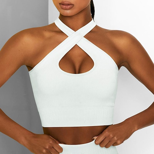 

Women's Halter Neck Sports Bra Medium Support Summer Criss Cross Removable Pad Solid Color Green White Nylon Yoga Fitness Gym Workout Bra Top Sport Activewear Breathable Quick Dry Comfortable