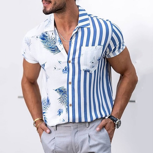 

camisa de hombre otros estampados a rayas bloque de color hoja de palma cuello clásico casual diario estampado manga corta tops casual moda streetwear hawaiano negro caqui azul marino camisas de