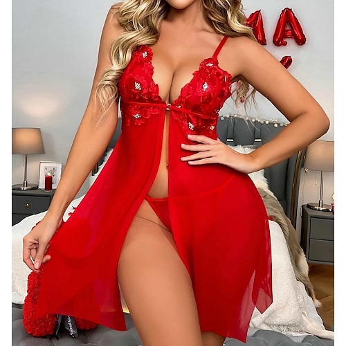 

Women's Christmas Lingeries Gift Sexy Bodies Chemises & Negligees 1 pc Hot Romantic See Through Bed Date Valentine's Day Straps Embroidery Including Panties Red / Buckle / Soft