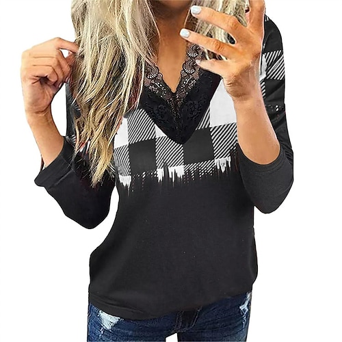 

Women's Blouse Shirt Green Red White Plaid Lace Trims Print Long Sleeve Daily Weekend Streetwear Casual V Neck Regular S / 3D Print