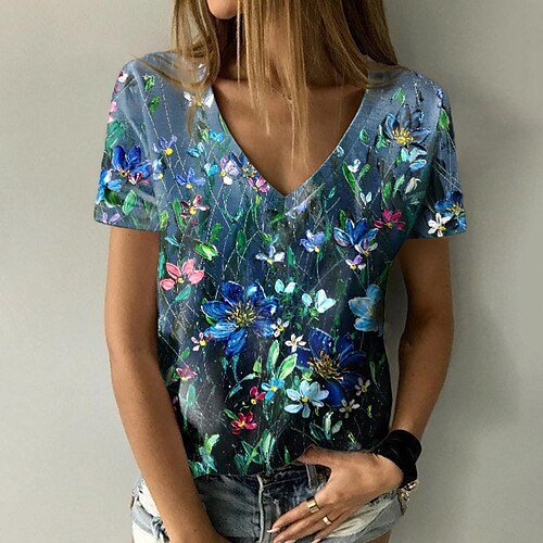 

Women's T shirt Tee Blue Floral Print Short Sleeve Casual Holiday Basic V Neck Regular Floral Painting S