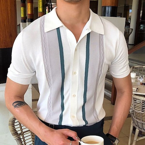

Men's Collar Polo Shirt Knit Polo Sweater Golf Shirt Striped Turndown White Outdoor Street Short Sleeve Button-Down Clothing Apparel Fashion Casual Classic Comfortable / Summer / Summer