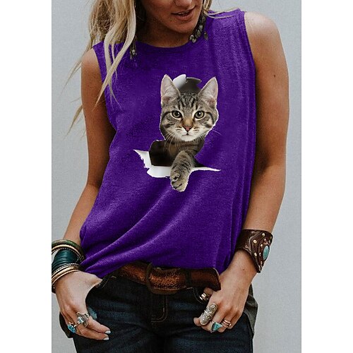 

Women's Tank Top Blue Purple Light gray Graphic Animal Print Sleeveless Daily Holiday Basic Round Neck Regular 3D Cat S