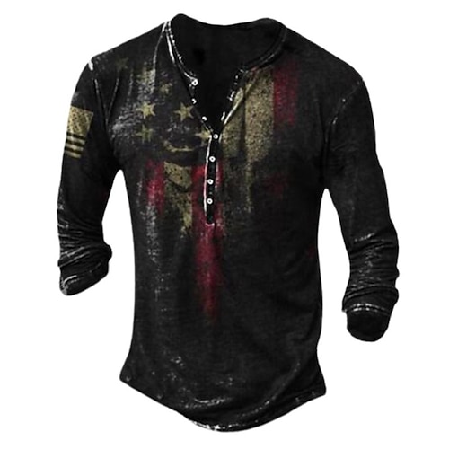 

Men's T shirt Tee Henley Shirt Tee Graphic Flag Henley Green Purple Red Black 3D Print Plus Size Street Casual Long Sleeve Button-Down Print Clothing Apparel Basic Casual Classic Big and Tall