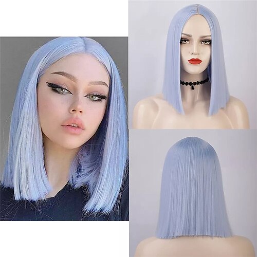 

Light Blue Wigs Short Bob Straight Wigs Middle Part Synthetic Hair Shoulder Length Fashion Bob Wigs for Women Cosplay