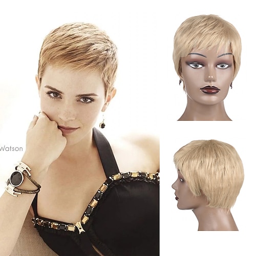 

Short Bob Wig With Bangs Pixie Cut Brazilian Human Hair Wigs Remy Full Manchine Cheap Blonde Ombre 613# Wigs For Women