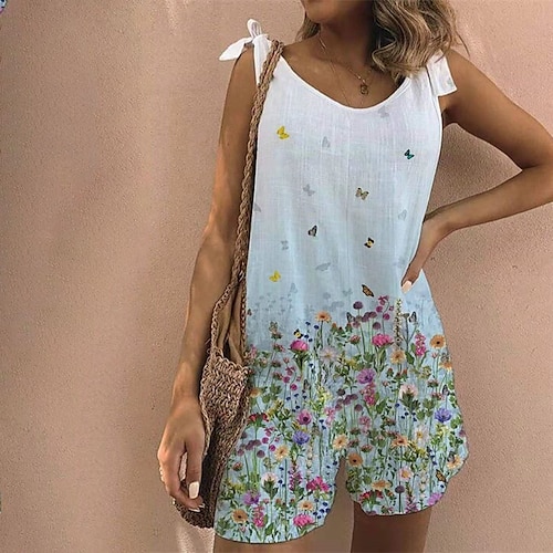 

Women's Romper Pocket Print Animal Crew Neck Home Daily Regular Fit Sleeveless Yellow Light Green Light Blue S M L Spring