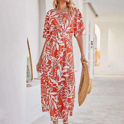 

Women's A Line Dress Maxi long Dress Red Short Sleeve Print Print Spring Summer Crew Neck Casual Modern 2022 S M L XL