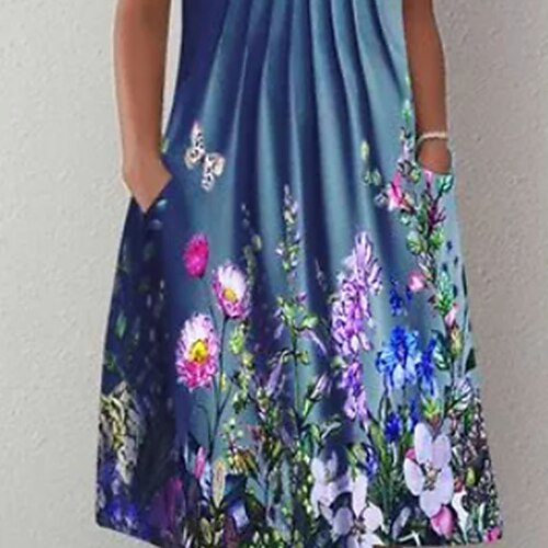 Damen A Linie Kleid Knielanges Kleid Blau Kurzarm Blumen Bedruckt Frühling Sommer Rundhalsausschnitt Alltag Modern Lose 2022 S M L XL XXL