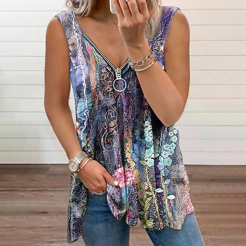 

Women's Tank Top Vest Green Purple Yellow Floral Abstract Flowing tunic Quarter Zip Sleeveless Daily Weekend Streetwear Casual V Neck Regular Floral S / 3D Print / Print