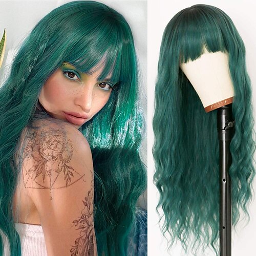 

Green Wig Bangs Pine Wave Curly Ladies Man-made Fiber Hair no Lace Full Machine Made No Glue Long Deep Root Gradient Green Wave Wig