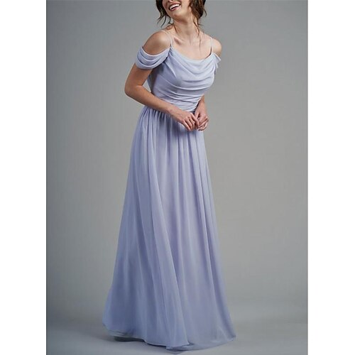 

A-Line Bridesmaid Dress Spaghetti Strap Short Sleeve Elegant Floor Length Chiffon with Ruching 2022