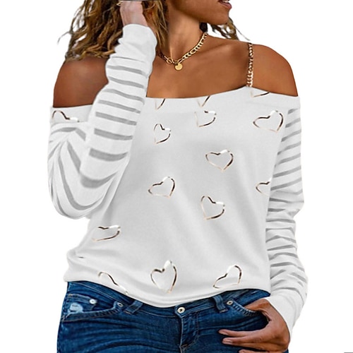 

Women's Plus Size Tops T shirt Tee Heart Cut Out Print Long Sleeve Off Shoulder Streetwear Daily Going out Polyester Fall Winter White Black