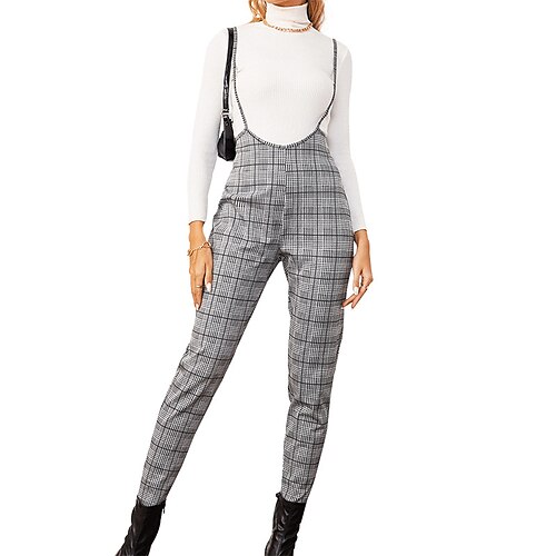 

Women's Overall High Waist Plaid V Neck Streetwear Holiday Weekend Regular Fit Sleeveless Gray S M L Fall