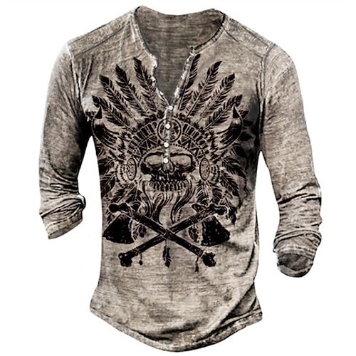 

Men's T shirt Tee Henley Shirt Skull Graphic Prints Henley Khaki 3D Print Outdoor Casual Long Sleeve Button-Down Print Clothing Apparel Lightweight Breathable Big and Tall
