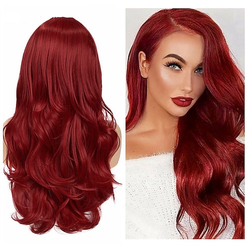 

красные парики для женщин синтетический парик волна средняя часть длинный парик средней длины женский косплей вечеринка розовый красный синий черный парик омбре