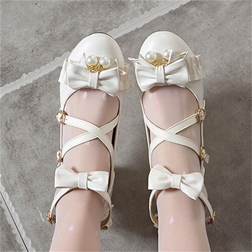 

Women's Lolita Shoes Daily Summer Bowknot Chunky Heel Round Toe Sweet PU Leather Ankle Strap Solid Colored Beige White